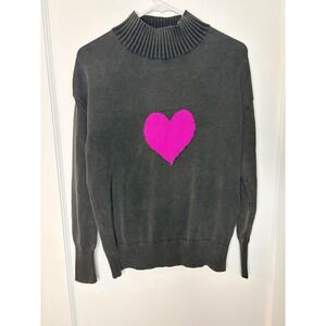 Alison Sheri‎ Women's Small Gray Knit Mock Neck Sweater Bright Pink Heart